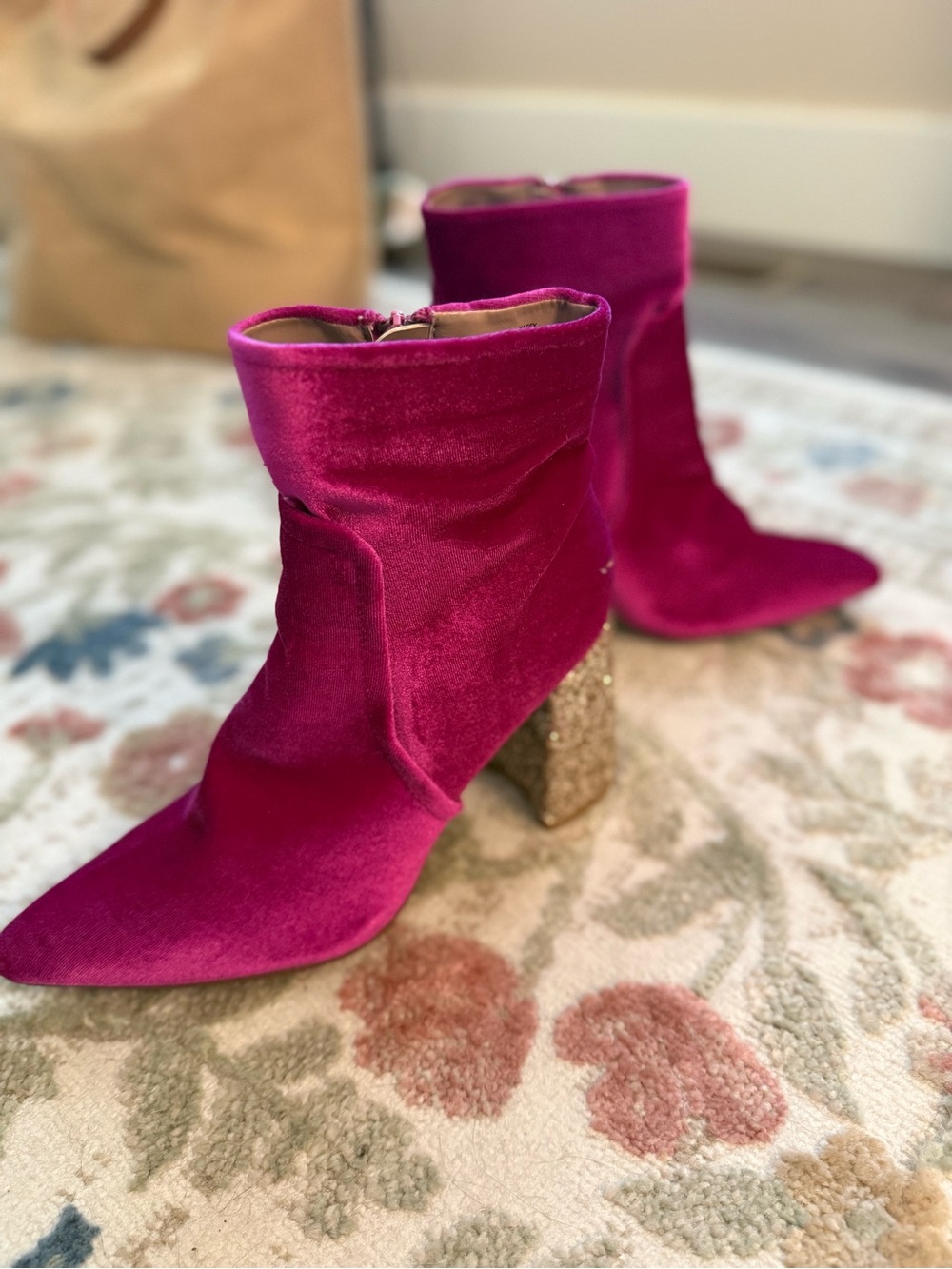 Betsey Johnson Hot Pink Velvet Ankle Boots with Gold Glitter Heel - Women